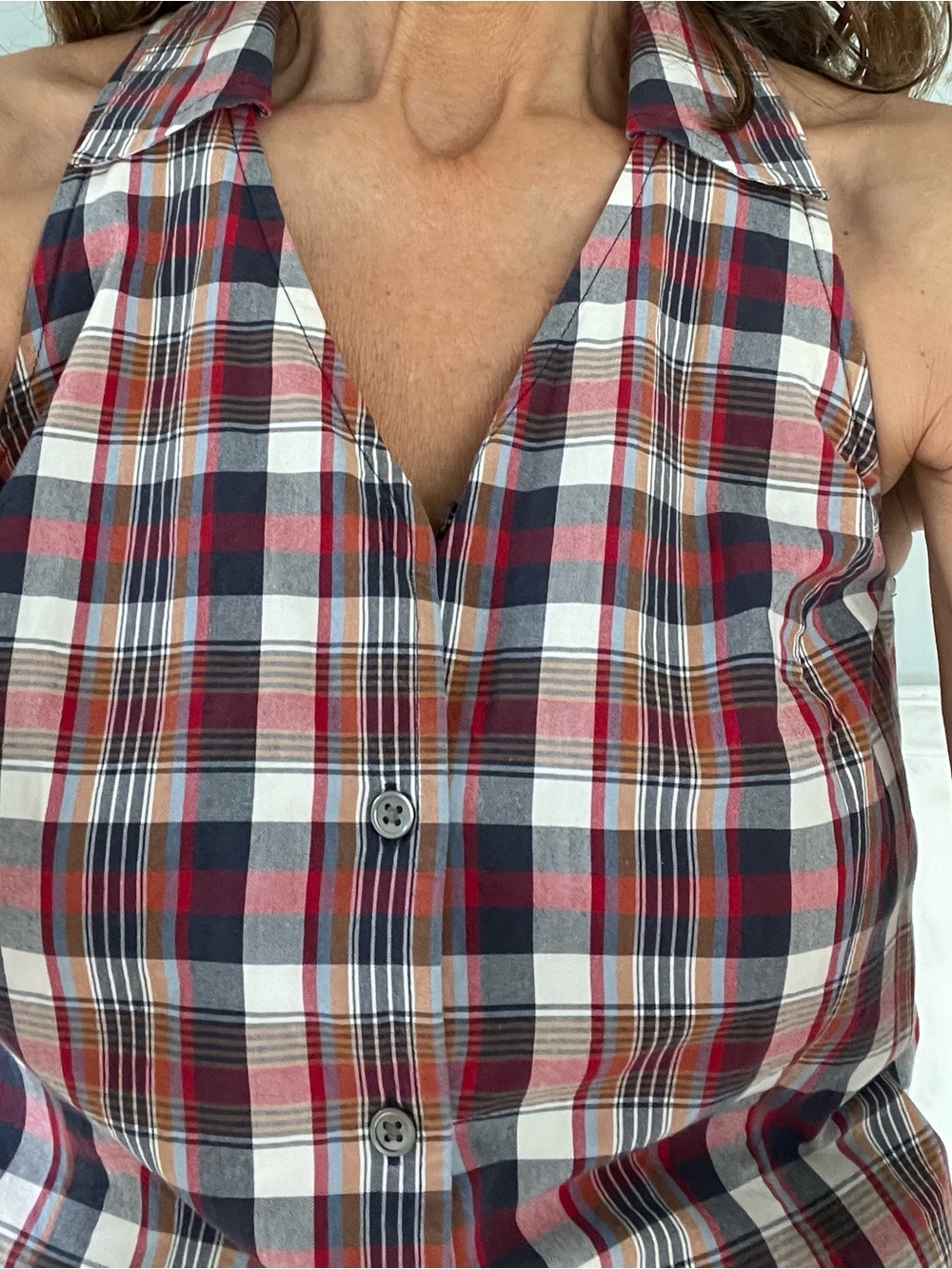 Ann Taylor Plaid Halter Button-Front Top in Red, Navy & Cream